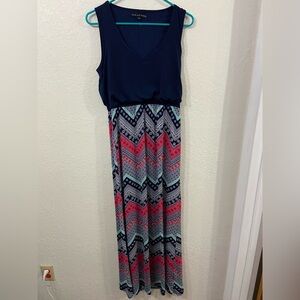 Three Pink Hearts Dark Blue Maxi Dress with Chevron Skirt Sz Large